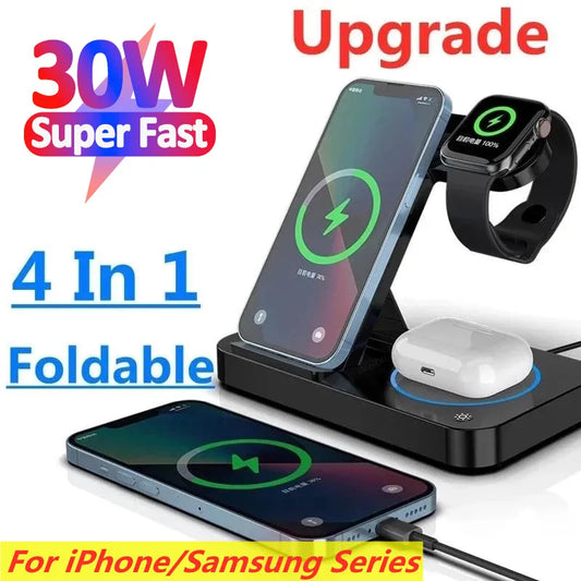 30W 4 in 1 Foldable Wireless Charging Station For iPhone 14 13 12 Pro Max Airpods For Samsung Galaxy Watch 6 5 4 3 S22 S21 S20